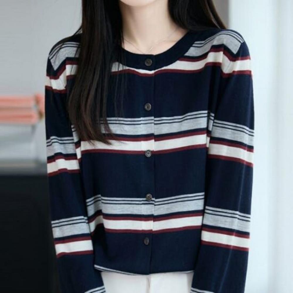 Navava Women Color Block Round Neck Long Sleeve Knit Cardigan Nk3204