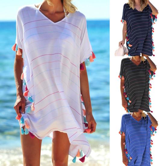 Солнцезащитное платье с v-образным вырезом и коротким рукавом по бокам, полосатый принт, кисточка, мяч, купальник, накидка для бассейна