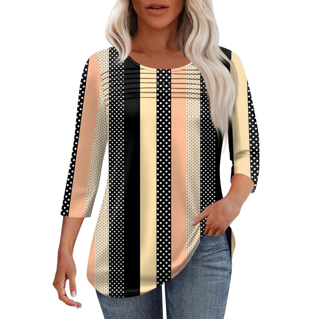 Женская мода круглый вырез шея плиссированная передняя планка однотонный топ рукав 3/4