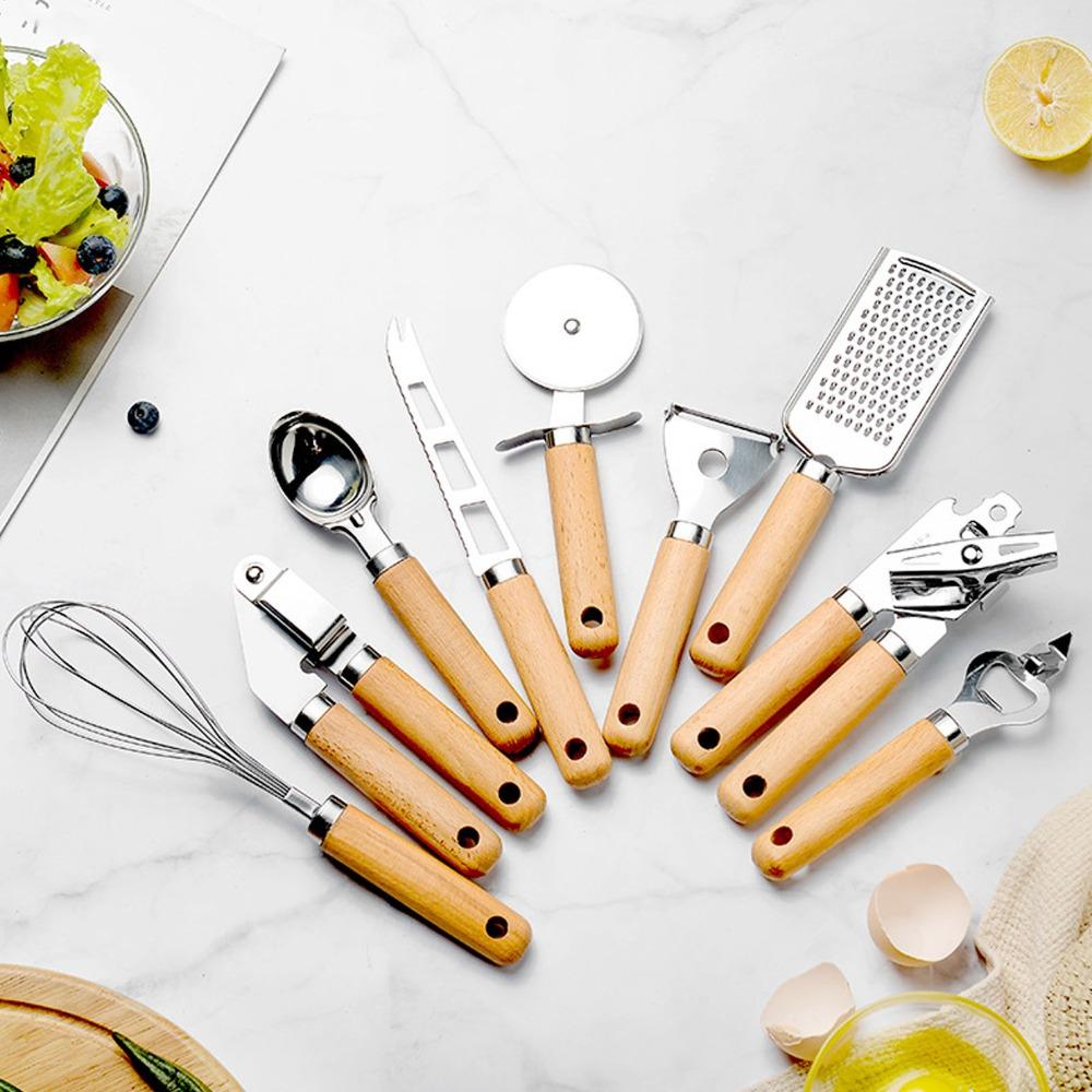 9 PCS with Wooden Handle Kitchen Utensil Set Stainless Steel Kitchen Gadget Set Home Kitchen