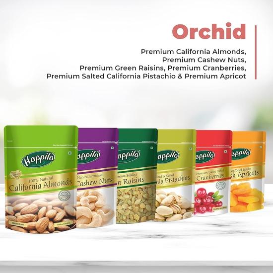Подарочная коробка с сухофруктами Happilo Celebrations Orchid — калифорнийский миндаль, отборные кешью, изюм, соленая фисташка, клюква масала и турецкие абрикосы, 1 кг