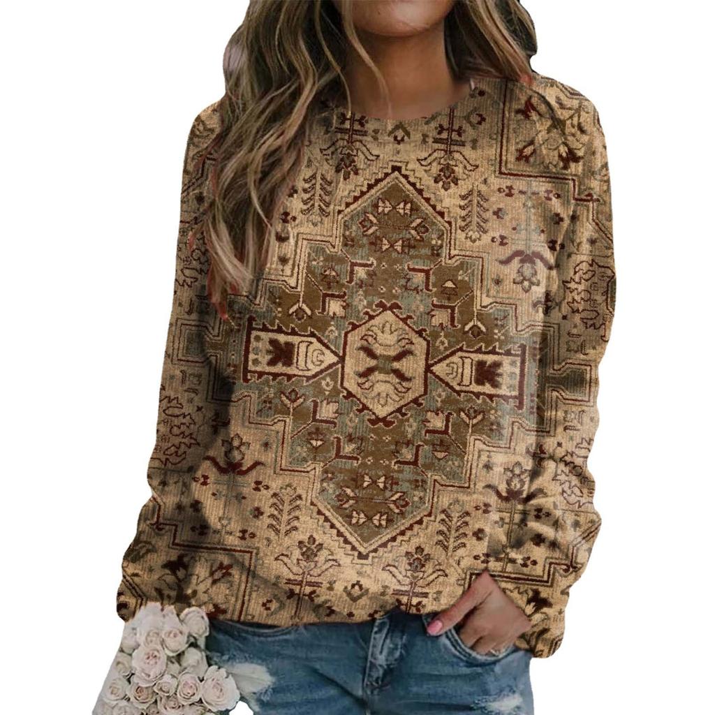 Spring and Summer Women's 3D Digital Printed Personalized Round Neck Long Sleeved T-shirt