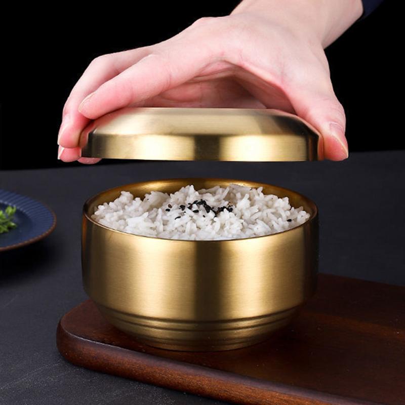 Korean 304 Stainless Steel Rice Bowl with Lid Double-Layer Anti-Scalding Soup Food Serving Bowls Container Kitchen Utensils