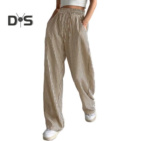 Женские брюки, регулируемые по талии, с эластичной резинкой на шнурке, длинные брюки средней посадки с карманами, широкие повседневные брюки с полосатым принтом