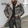 Men Jacket Large Plush Lapel Long Sleeve Vintage Suede Jacket with Pockets Zipper Up Mid-length Motorcycle Coat