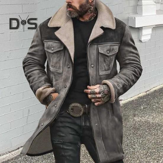 Men Jacket Large Plush Lapel Long Sleeve Vintage Suede Jacket with Pockets Zipper Up Mid-length Motorcycle Coat