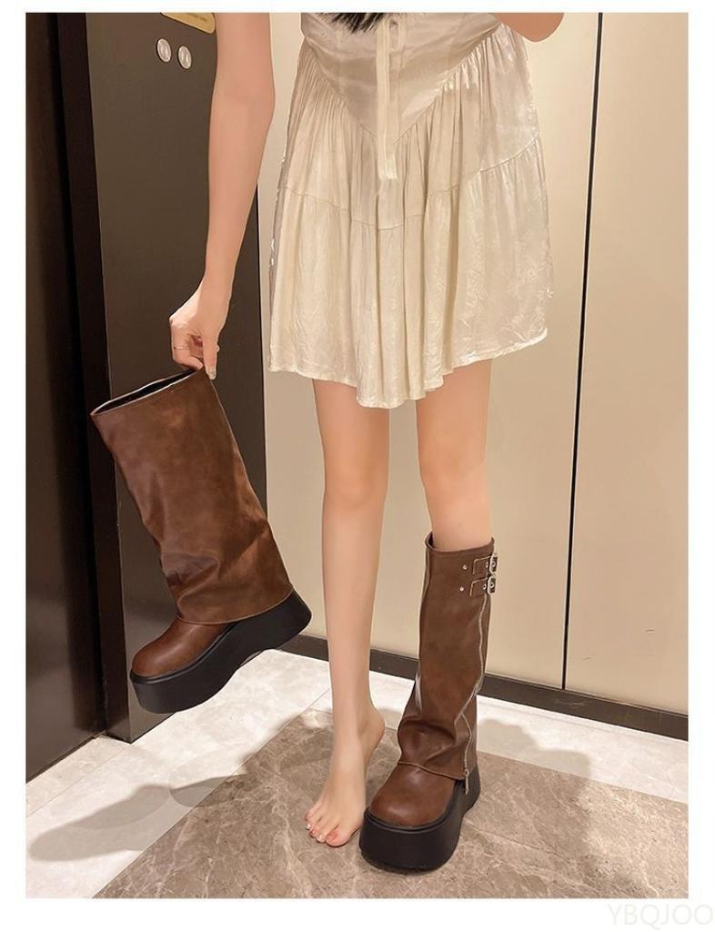 Мода Новая Весна Ретро Тренд минималистичные Женские Ботинки на толстой подошве с увеличением высоты Женские Модные универсальные Сапоги-чулки на каблуке до колена