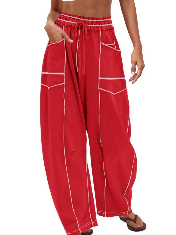 Женские бежевые брюки широкого кроя с кулиской на талии и боковыми карманами