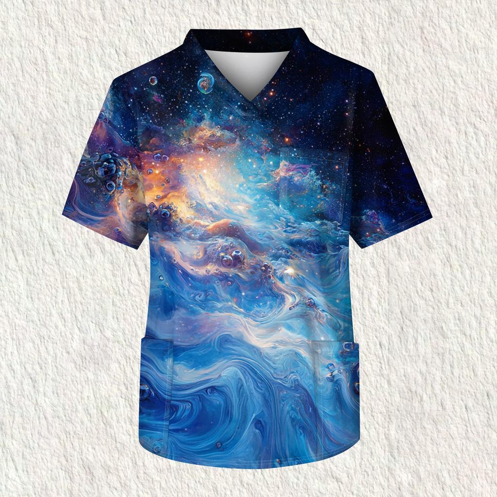 Мужская рабочая блузка с короткими рукавами и v-образным вырезом с принтом, топ с нагрудным карманом