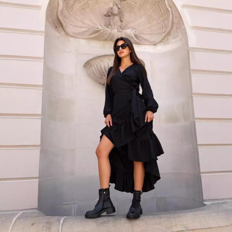 Осеннее женское платье с V-образным вырезом, длинным рукавом, нестандартным принтом