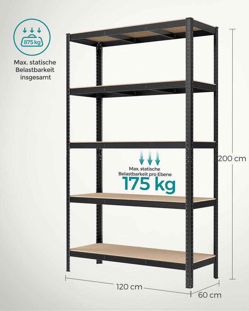 SONGMICS 5-Tier Shelving Unit, Steel Shelving Unit for Storage, Tool-Free Assembly, for Garage, Shed, Load Capacity 875 kg, 60 x 120 x 200 cm, Black