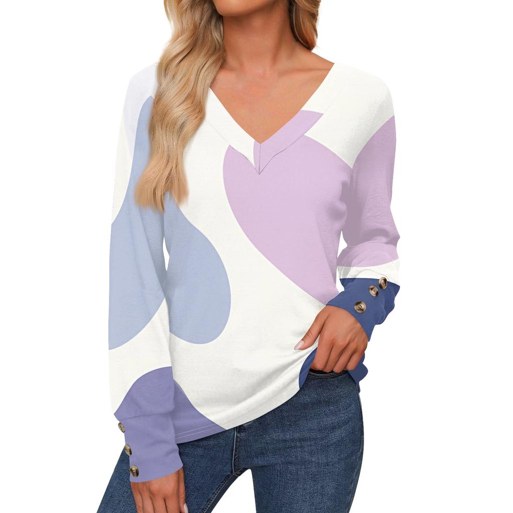 Женская повседневная модная рубашка с длинными рукавами и манжетами на пуговицах, свободная футболка с V-образным вырезом, осенняя одежда