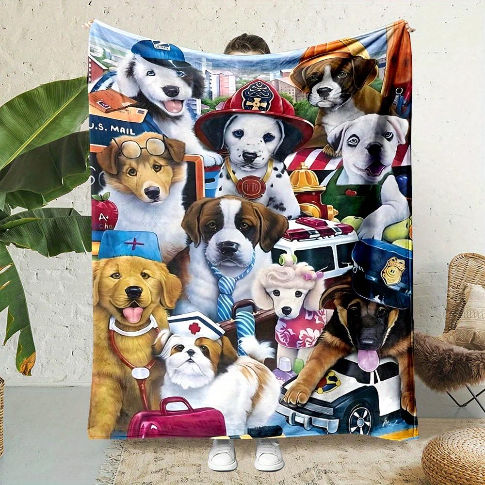 Cartoon Dogs Print Flannel Throw Blanket - Reversible All-Season Soft Polyester, Ideal Gift
