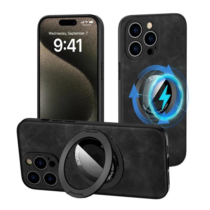 360 Магнитное кольцо с подставкой Роскошный кожаный чехол для телефона для IPhone 15 14 13 12 11 Pro Max Держатель Защитная Противоударная Крышка