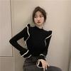 Autumn and Winter Ruffled Long Sleeved Knitted Shirt Chic Chic Niche Half High Neck Base Shirt for Women