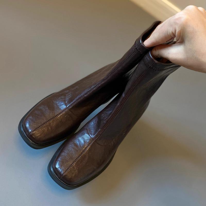 Cowhide Edition~ High Heel Short Boots Women's Autumn and Winter New Square Head Martin Boots Small Thick Heel Skinny Boots