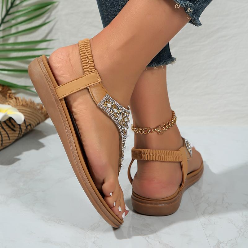 Lucyever Летние босоножки с застежкой-молнией в стиле бохо для женщин 2024 года, модные блестящие плоские сандалии с кристаллами, женские пляжные сандалии с нескользящей подошвой Mujer