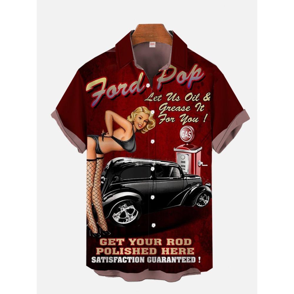 Классические гавайские рубашки с короткими рукавами и принтом в стиле тики-клуба для девушек-хула и ретро-автомобилей для мужчин, модные гавайские рубашки, пляжные блузки
