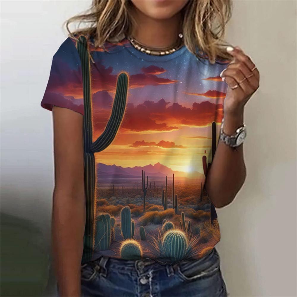 Natural Scenery Pattern T-Shirt For Women Sunset Plants 3D Printed T Shirts Summer Fashion Street Tees O-Neck Tops Short Sleeves