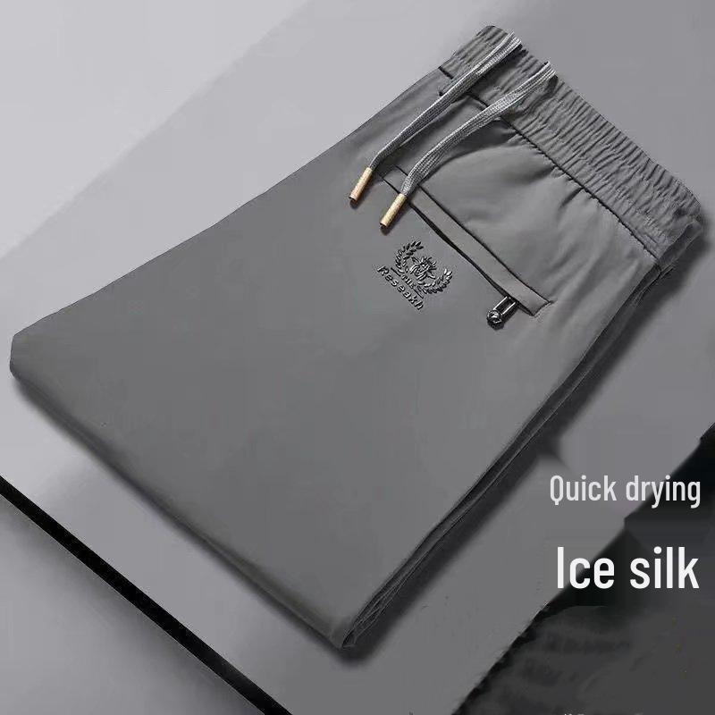 Men's Summer Ice Silk Quick-Dry Pants, Casual All-Match, Elastic Waist, Large Size, Suitable for Middle-Aged and Young Men.