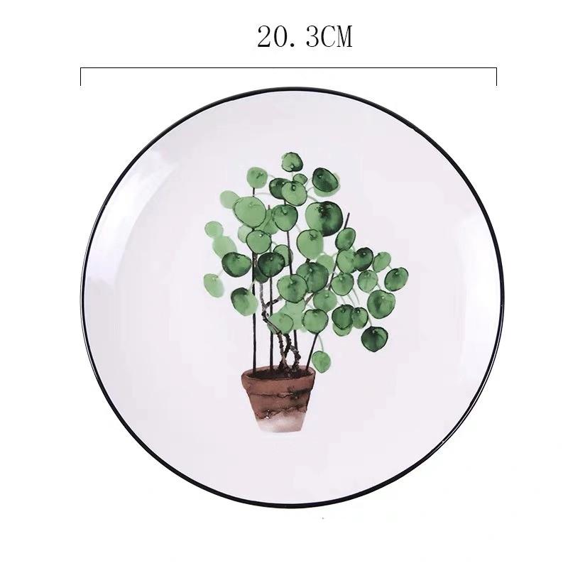 Nordic Creative Round Green Plants Porcelain Dinner Plate 8 Inch Tableware Ceramic Dessert Steak Plate Dinnerware Cake Dish