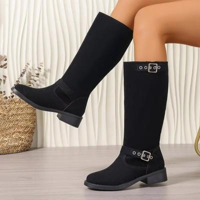 Мода 2024 года, новые женские сапоги, классический дизайн с пряжкой на ремне, женские сапоги до колена, повседневные сапоги с круглым носком и низким каблуком