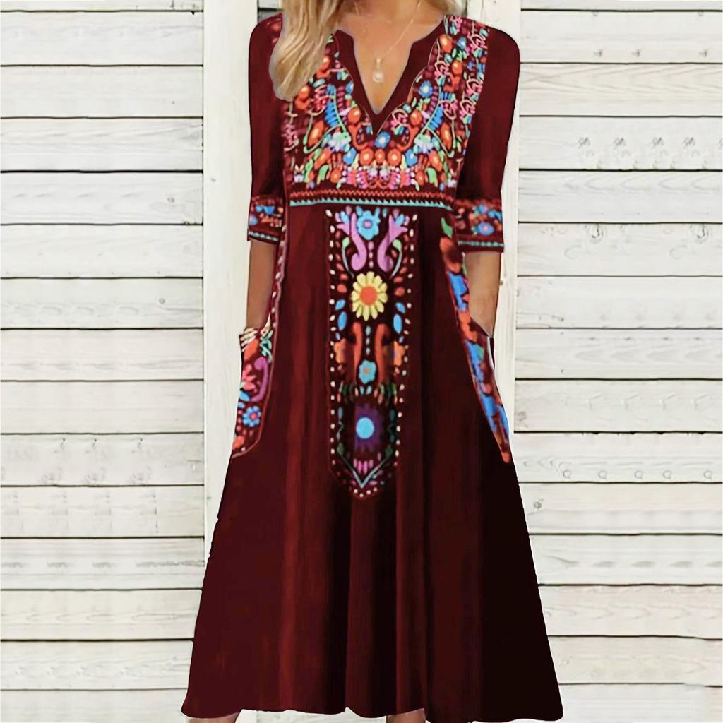 Women Spring Summer Dress V Neck Three Quarter Sleeves Retro Ethnic Style Print Bohemian A-line Loose Hem Pockets Mid-calf Length Midi Dress