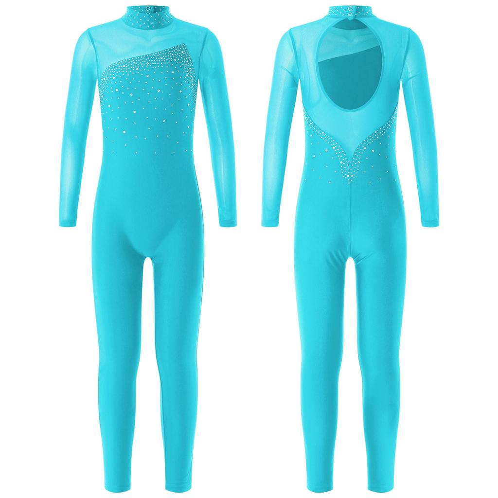 Kids Girls Long Sleeve Shiny Rhinestone Hollow Back Skating Leotard One Piece Gymnastic Jumpsuit