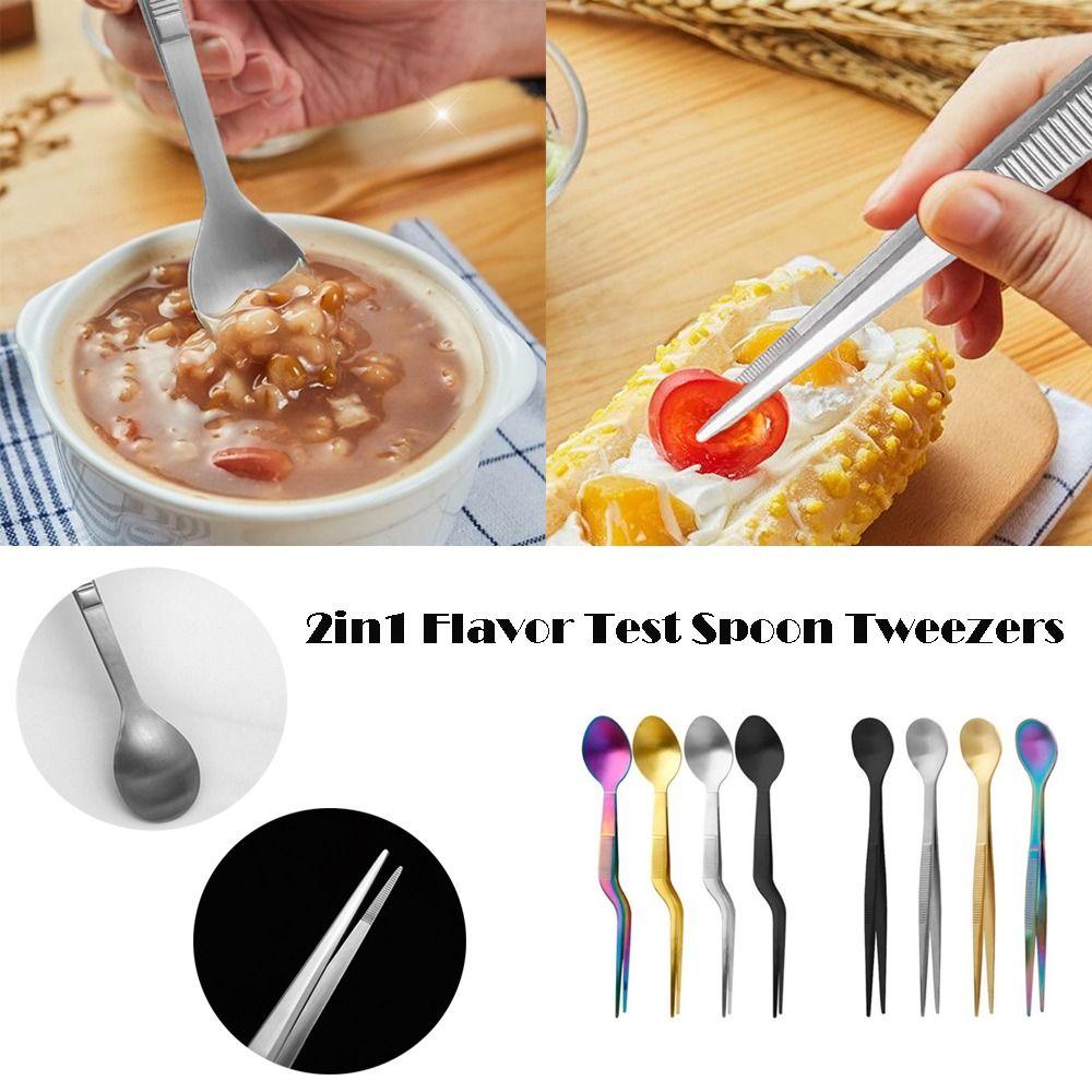 Multi-functional Sauce Spoon Portable Stainless Steel Food Tweezers 2in1 Design Flavor Test Spoon Tweezers Kitchen Utensil