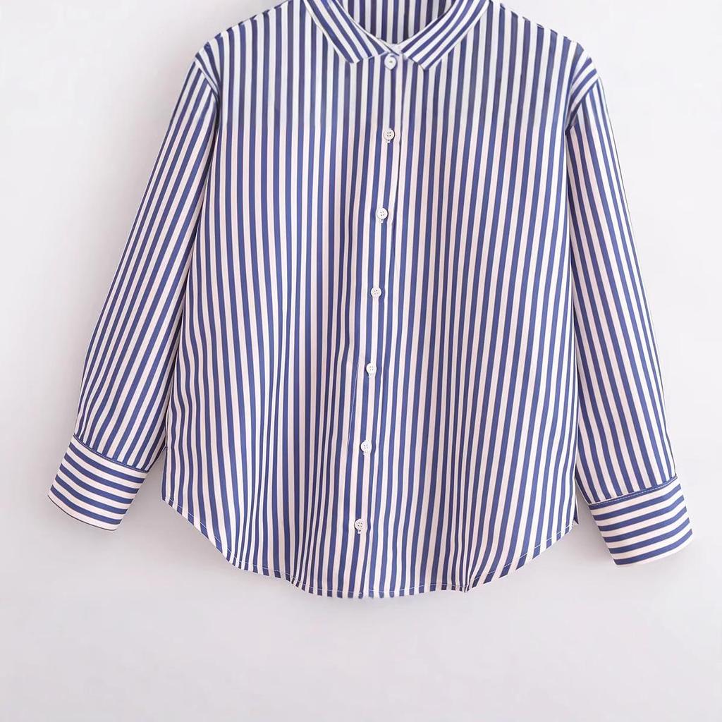 2025 Spring Women's Metallic Thread Striped Long Sleeve Shirt with Turn-Down Collar, European & American Style.