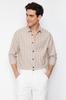 Мужская модная новая рубашка бежевого цвета с рубашкой в ​​полоску с воротником обычного кроя