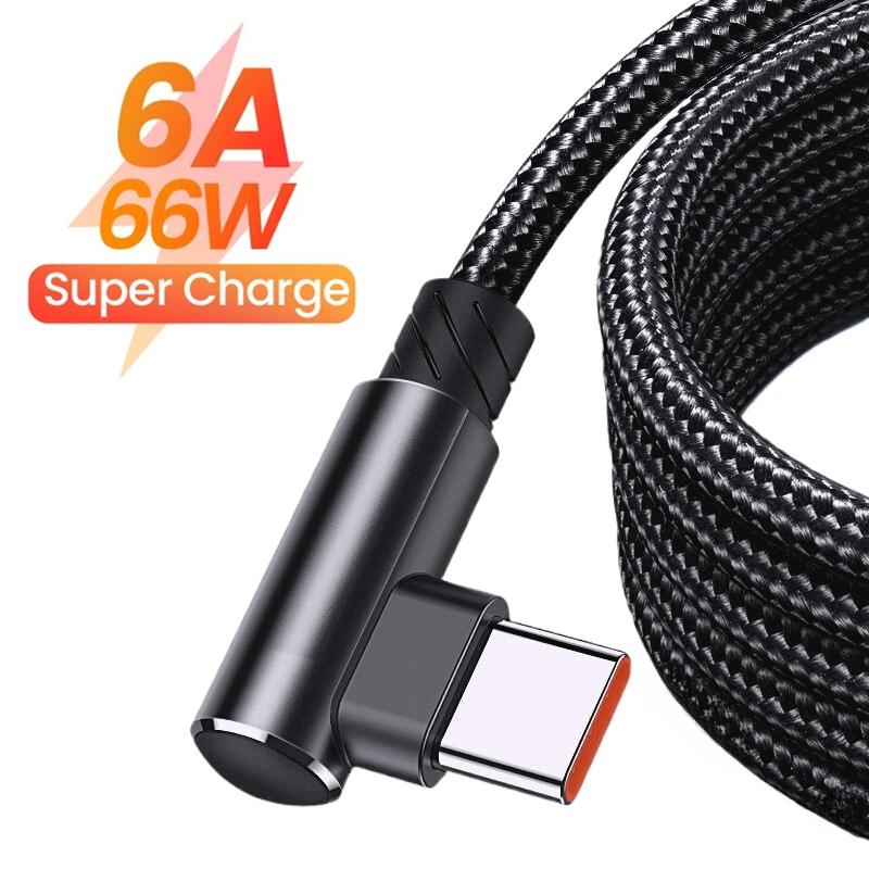 Кабель для быстрой зарядки 6A 66W Type C USB для Samsung Huawei Xiaomi OPPO VIVO POCO, угловой, 90 градусов, игровой зарядный кабель