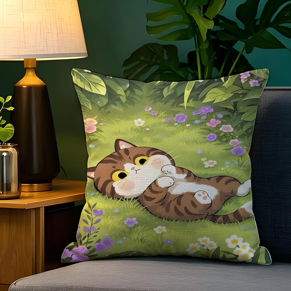 Spring Sunshine Cat Illustrations  Pillow Case Natural Linen Pillow Case DoubleSided Decor Sofa Pillowcase Home Decor