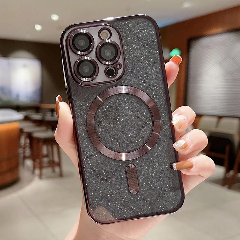 With Lens Protector Electroplate Phone Case for IPhone 15 14 11 12 13 Pro Max for Magsafe Wireless Charge Bumper Glitter Cover