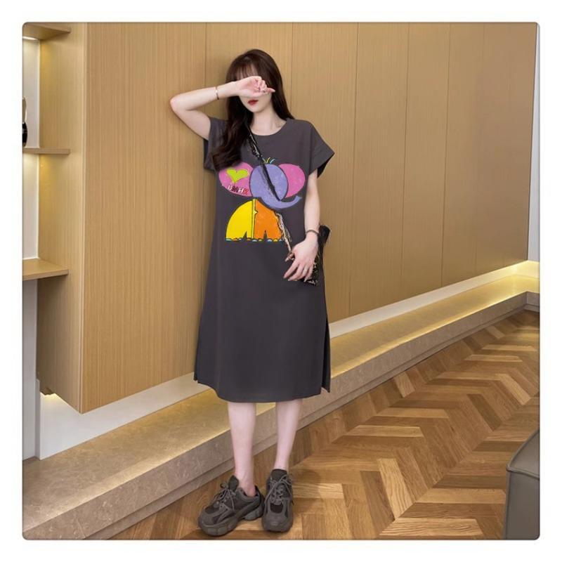 Женская футболка с короткими рукавами и рисунком, корейская версия свободного повседневного утягивающего платья с разрезом и летящими рукавами
