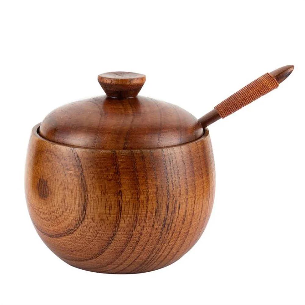 Wooden Salt Cellar Sugar Bowl Pepper Box Salt Seasoning Container Storage Box with Lid and Spoon Wooden Spice Box Spice Jars