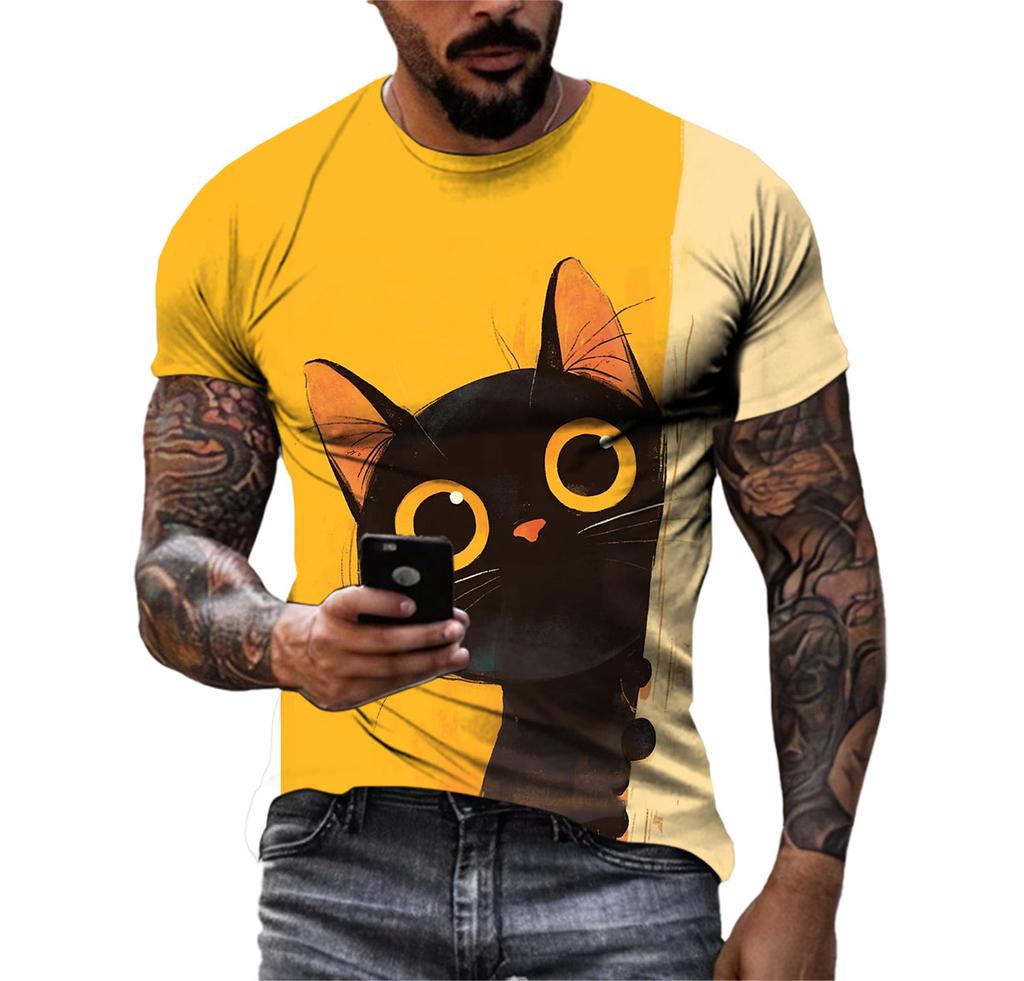 Summer Fashion Casual Cartoon Cat Graphic T-shirt For Men New Funny Anime Pattern 3D Digital Printing Round Neck Harajuku Tees