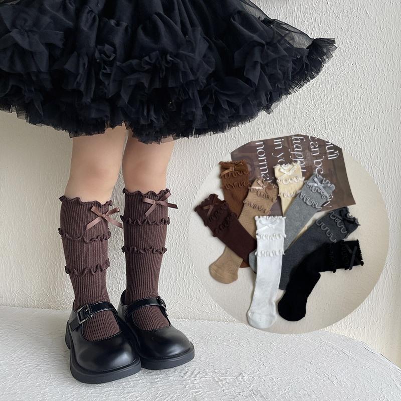 1 пара шикарных осенних носков для девочек из телячьей шерсти, корейские модные носки с оборками и бантом для детей, мягкие хлопковые школьные носки, одежда, аксессуары