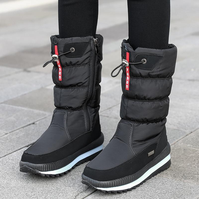 Winter Snow Boots Women's Tall Cotton Boots Winter Thickened Waterproof and Non-slip Piled Large Size Cotton Shoes Thickened