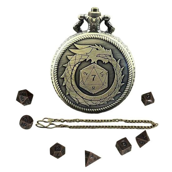 Мини-набор игральных костей DND, чехол для карманных часов с гравировкой дракона и 7 многогранными металлическими игральными костями DND, набор игральных костей в стиле ретро для настольных игр