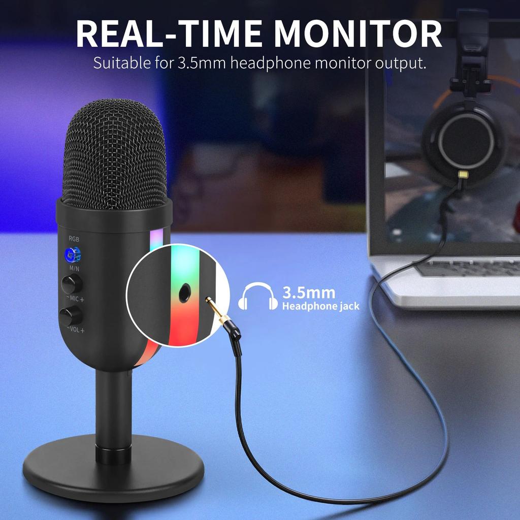 RGB игровой микрофон для ПК компьютерная запись USB конденсаторный микрофон подкастеры YouTu инфлюенсеры геймеры студийный микрофон