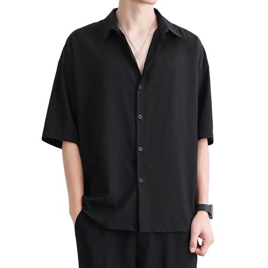 Men Summer Shirt Turn-down Collar Single-breasted Loose Short Sleeve Solid Color Buttons Soft Breathable Men Casual Top
