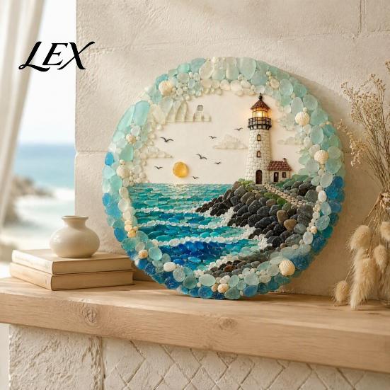 Housewarming Gift for Beach House Lighthouse Sea Glass Art Wall Ornament, Hand Assembled Shells And Tumbled Ocean Lover Birthday Present Decor, Style