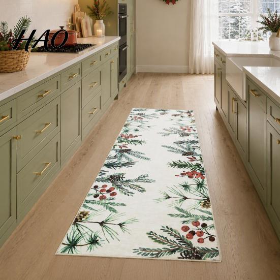Hallway Runner Rug Christmas Rug, Watercolor Pine Branches Berries Pattern, Indoor Entryway Anti Fatigue Kitchen Mat 47.24"x15.75" Non Slip Floor for