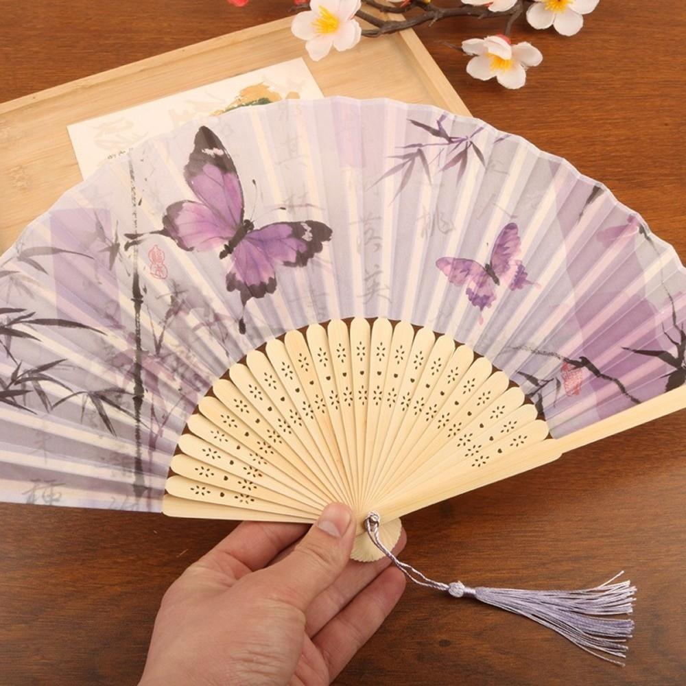 Chinese Style Retro Bamboo Fan Butterfly Pattern Dance Fan Portable Handheld Fan Home Decoration