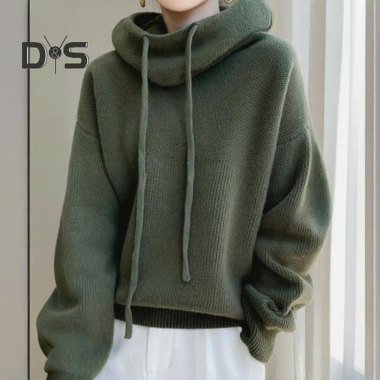 Женский свитер с ворсовым воротником, капюшоном и завязками, длинный рукав, трикотажные топы, однотонный повседневный свободный трикотаж