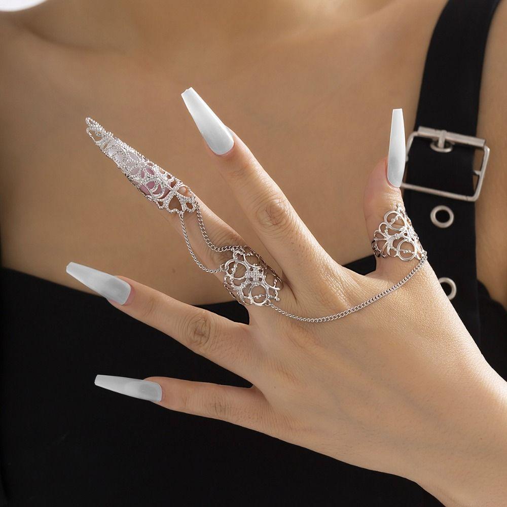 Cone Triangle Crown Party Tassels Finger Bracelet Chain Nail Cover Rings Finger Ring Women Jewelry