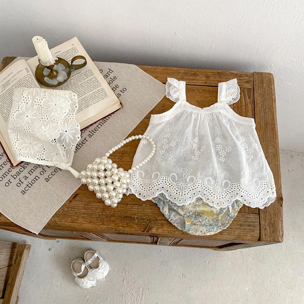 Летняя Новая Детская Одежда Девочка Детское Кружево Маленькие Рукава-Фонарики Бретельки+Брюки-Булочки Детская Одежда