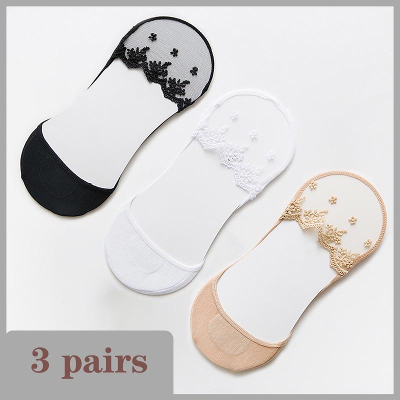 1/3 Pairs Summer Women Invisible Silicone Socks Summer Low Cut Liner Ankle Sock Ladies Lace Flower Soft Casual No Show Non-skid Boat Socks