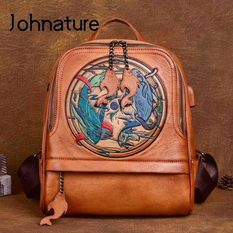 Johnature Винтажный рюкзак из натуральной яловой кожи, женская сумка с тиснением ручной работы, большая вместительность для отдыха, дорожные рюкзаки из натуральной яловой кожи